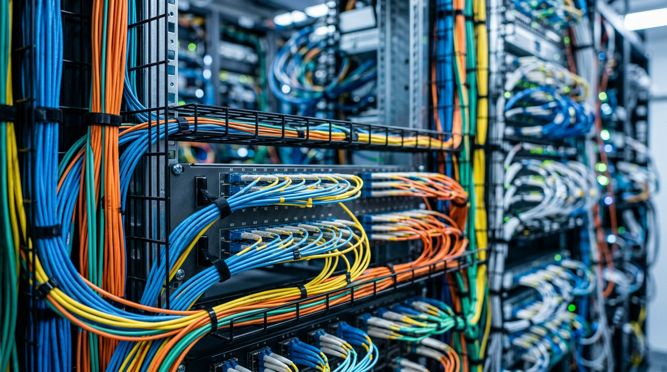 Server racks and network infrastructure in a data centre, representing hosting operations