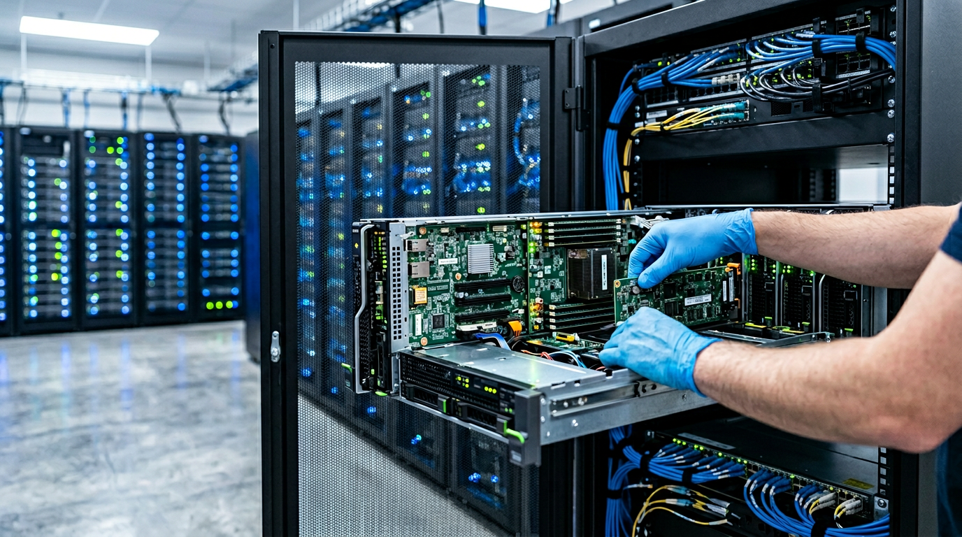 Server racks and network infrastructure in a data centre, representing hosting operations