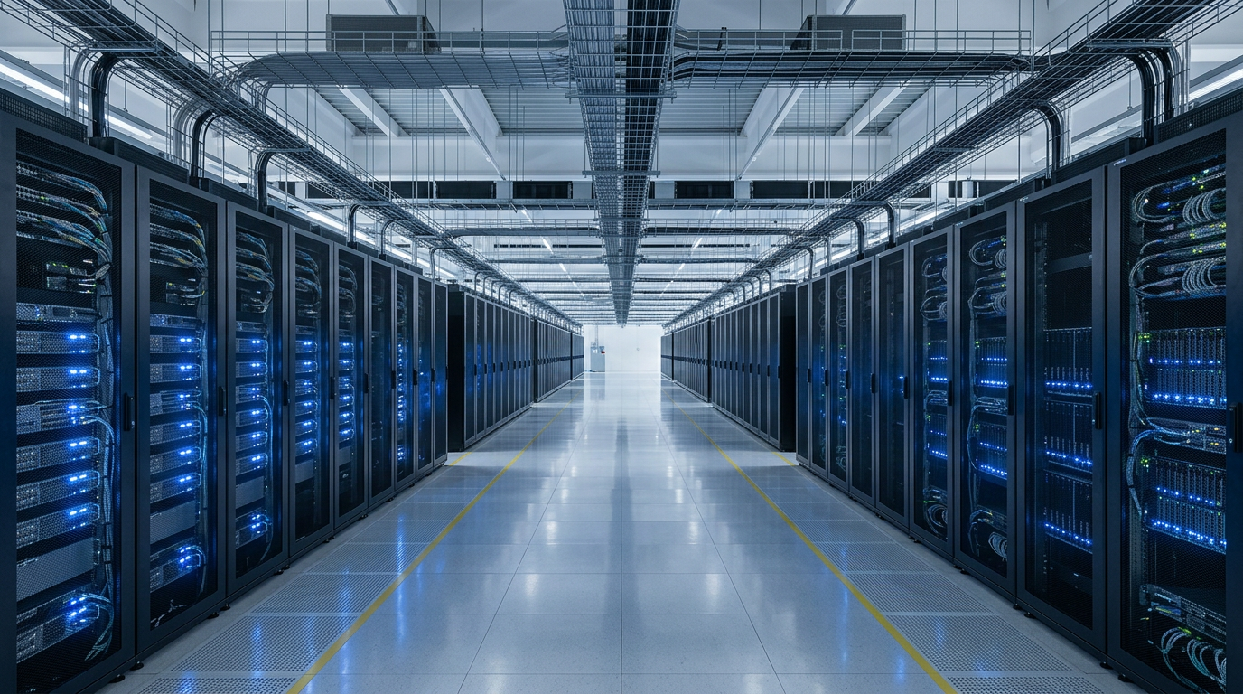 Modern data centre with server racks and networking equipment